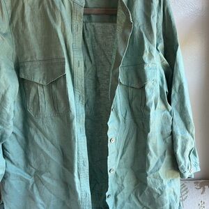 Poetry Linen Button Up Shirt EUR Size 40/42 Oversized 3/4 Sleeves Blue